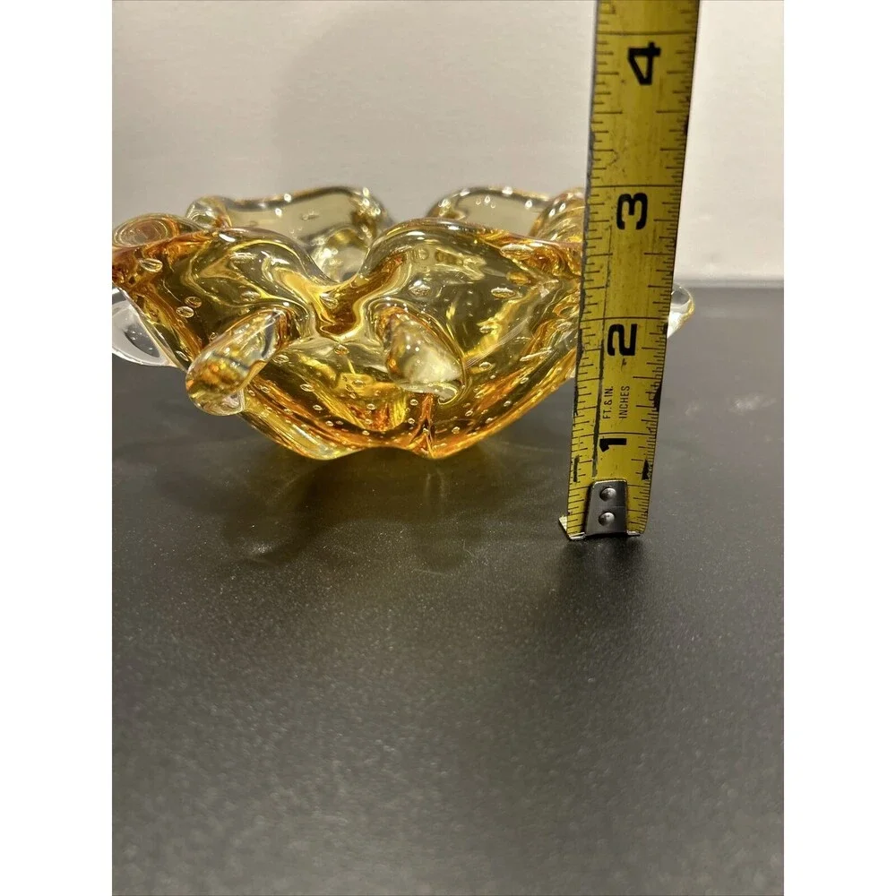Murano Yellow Bullicante Controlled Bubble Art Glass Bowl Trinket Dish Bowl Big